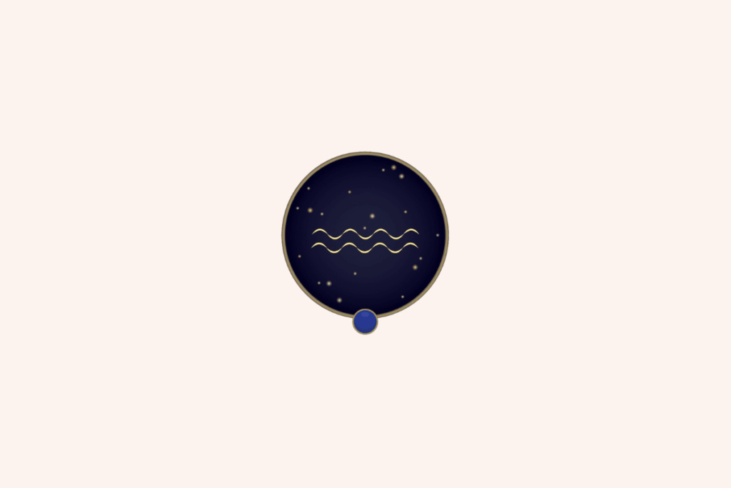 Ilustração do símbolo dourado do signo de Aquário em destaque central sobre um fundo circular azul-marinho estrelado, com uma pequena gema azul-escura na parte inferior e fundo geral bege-claro