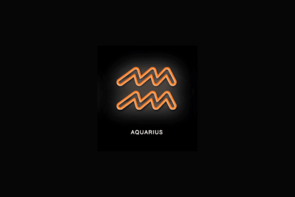 Sobre um fundo preto, o símbolo do signo de Aquário é exibido em estilo néon laranja brilhante, acompanhado pela palavra "AQUARIUS" escrita em letras maiúsculas brancas na parte inferior