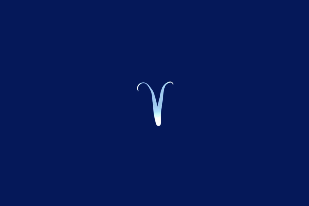 Símbolo do signo de Áries em tom azul-claro, centralizado sobre um fundo azul-marinho.