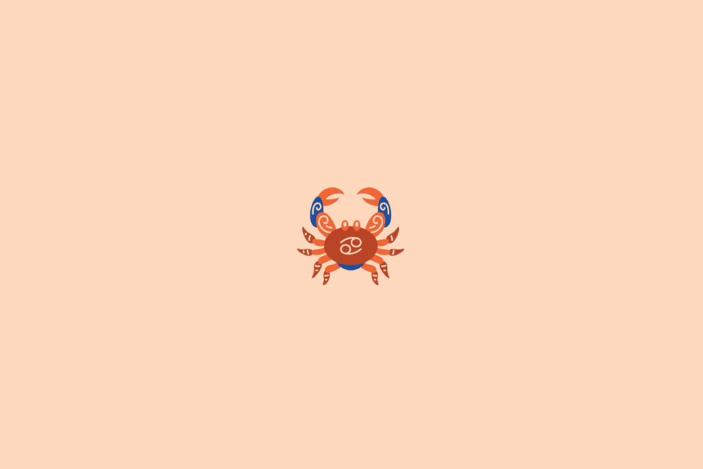 Ilustração de um caranguejo estilizado, representando o signo de Câncer, em tons de azul e laranja sobre fundo pêssego.