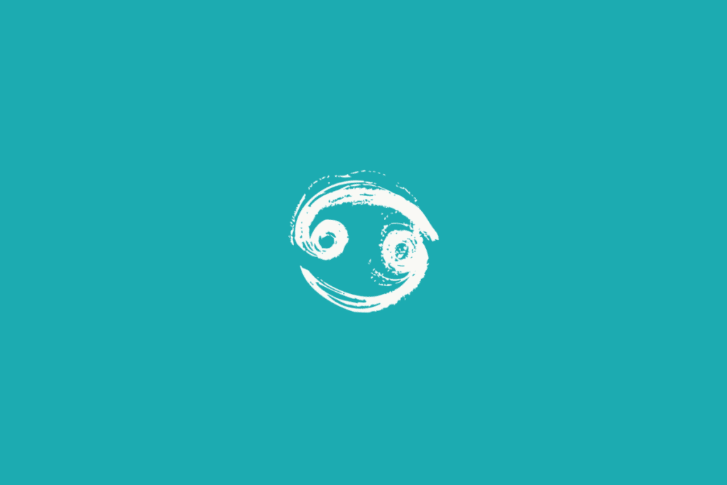 Fundo azul-turquesa. No centro, há um símbolo branco de Câncer, formado por duas espirais voltadas para lados opostos, dentro de uma forma arredondada.