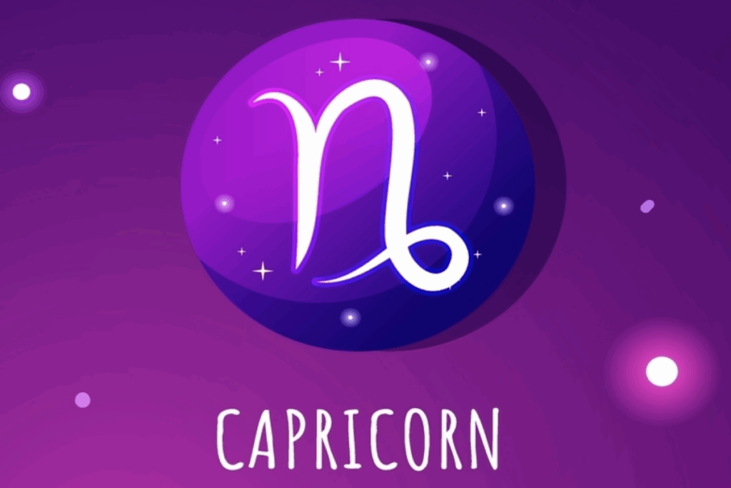 Ilustração do símbolo de Capricórnio em branco, sobre um círculo em tons de roxo e azul, decorado com pequenos pontos luminosos e estrelas. A palavra “Capricorn” aparece na parte inferior.