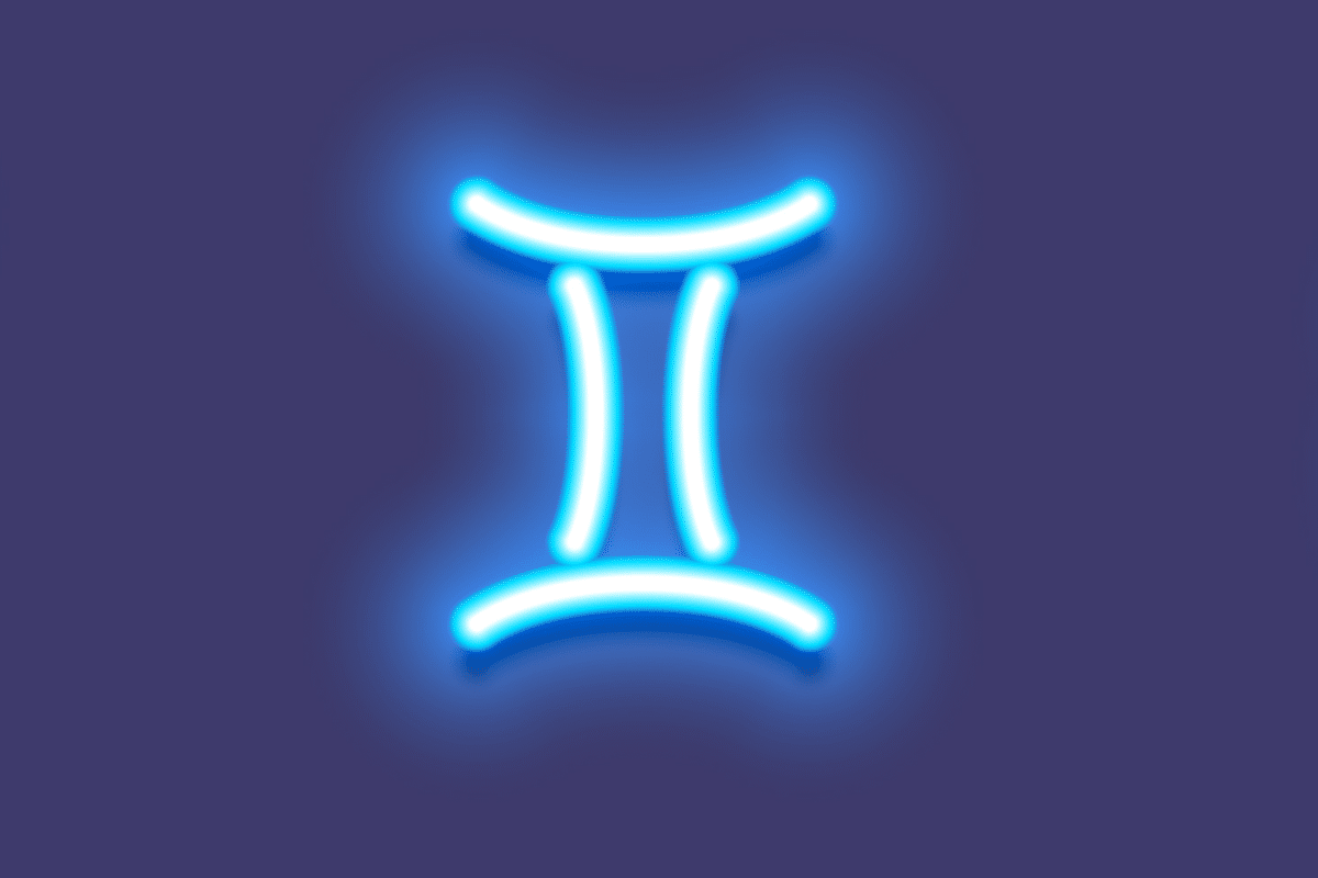A imagem apresenta o símbolo do signo de gêmeos em branco, com um intenso efeito luminoso azul neon. O ícone está centralizado sobre um fundo azul-arroxeado escuro, criando uma aparência moderna e brilhante.