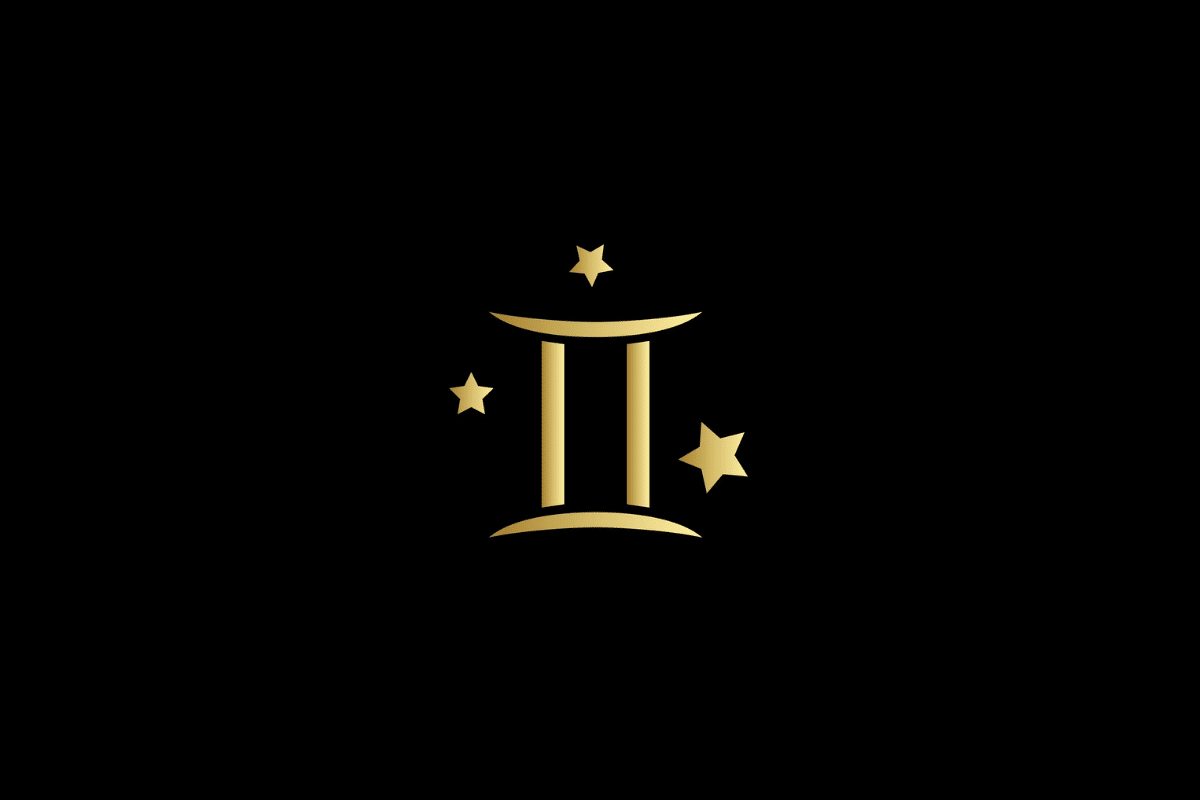 Ilustração minimalista do signo de gêmeos em dourado, centralizado sobre um fundo preto. O símbolo é acompanhado por três estrelas douradas de diferentes tamanhos