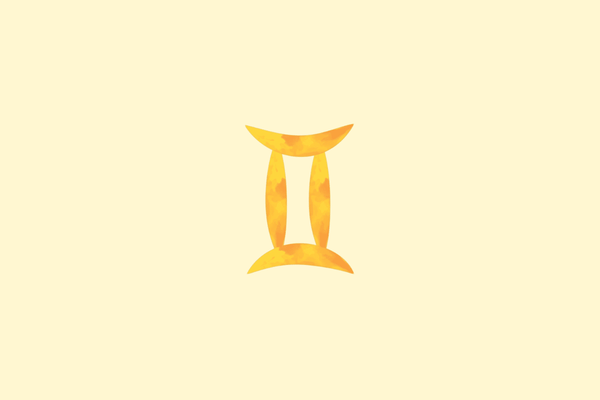 Símbolo de Gêmeos representado por duas formas verticais paralelas ligadas nas extremidades, em amarelo e laranja. Fundo amarelo-claro.