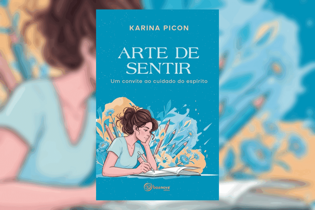 Capa do livro "Arte de sentir", de Karina Picon: sobre fundo azul, a ilustração de uma mulher desenhando em um caderno aberto, cercada por lápis de cor e flores.