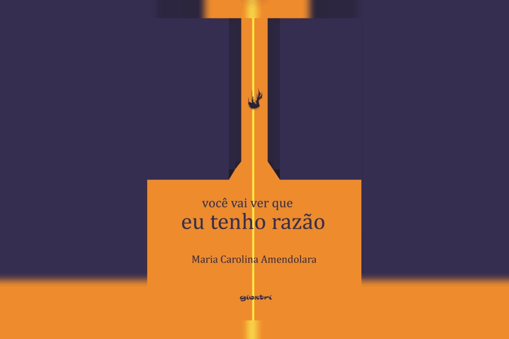 Capa do livro "Você vai ver que eu tenho razão", de Maria Carolina Amendolara: ilustração geométrica em laranja e roxo na qual uma pequena figura escura despenca por uma fresta cortada por uma linha amarela luminosa.