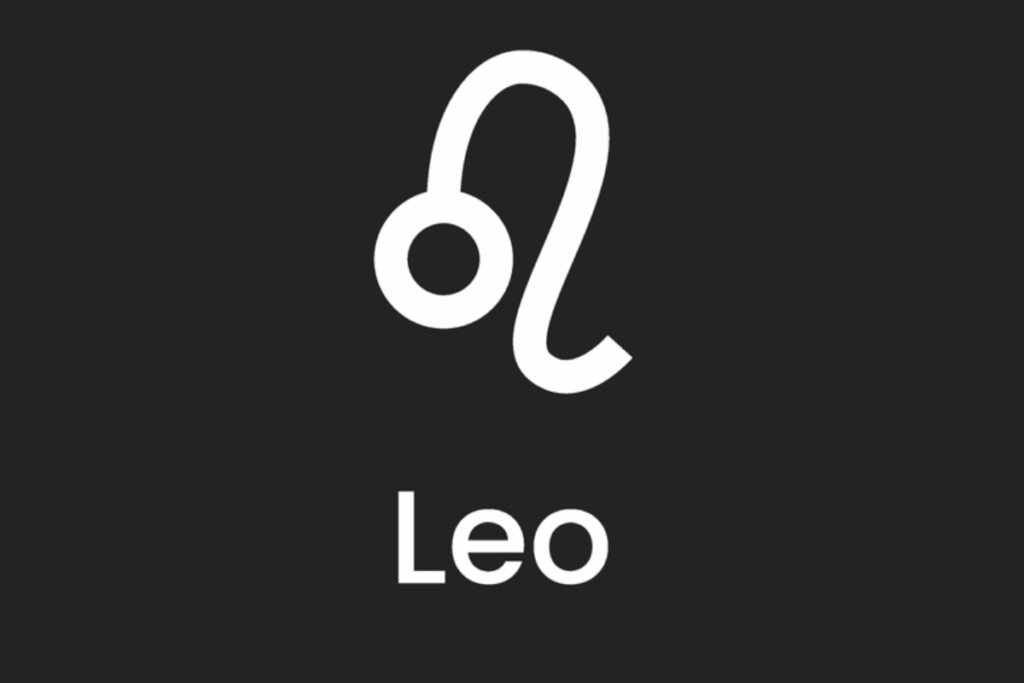 A imagem apresenta o símbolo astrológico e o nome do signo de leão em branco, centralizado sobre um fundo liso em tom cinza-escuro, quase preto