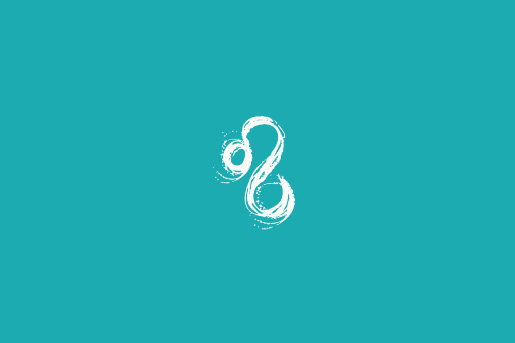 Fundo azul-turquesa. No centro, há um símbolo branco de Leão, formado por uma pequena curva circular ligada a uma linha maior que se curva para baixo.