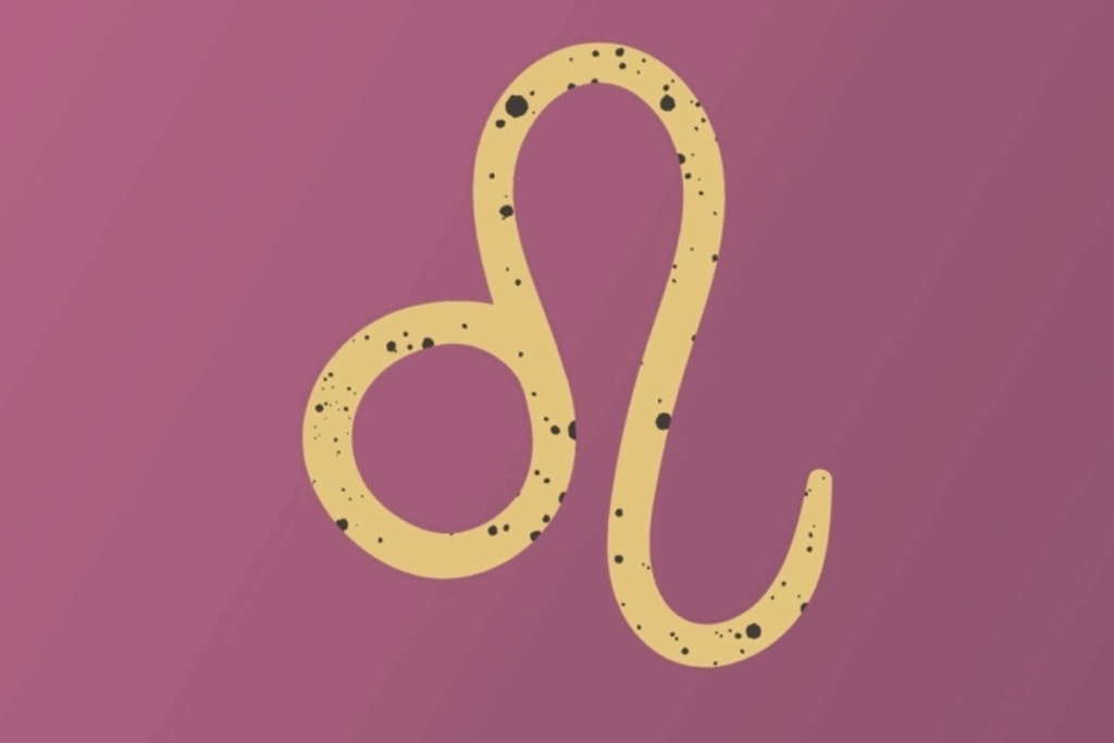 A imagem apresenta o símbolo do signo de leão em tom dourado, centralizado sobre um fundo roxo escuro. O símbolo possui pequenos detalhes e manchas escuras que criam um efeito texturizado e artístico.