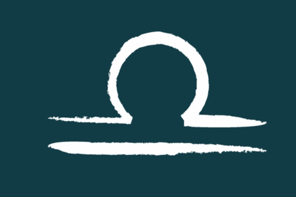 Imagem com o símbolo astrológico de Libra em branco, formado por uma linha curva semelhante a um arco sobre uma linha horizontal, acompanhado por outro traço horizontal abaixo, sobre um fundo verde-azulado escuro.