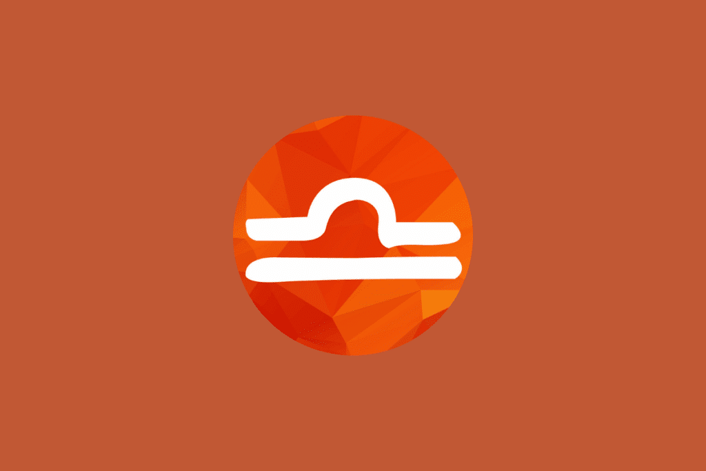 Símbolo astrológico de Libra em branco dentro de círculo geométrico em tons de laranja e vermelho, centralizado sobre fundo terracota