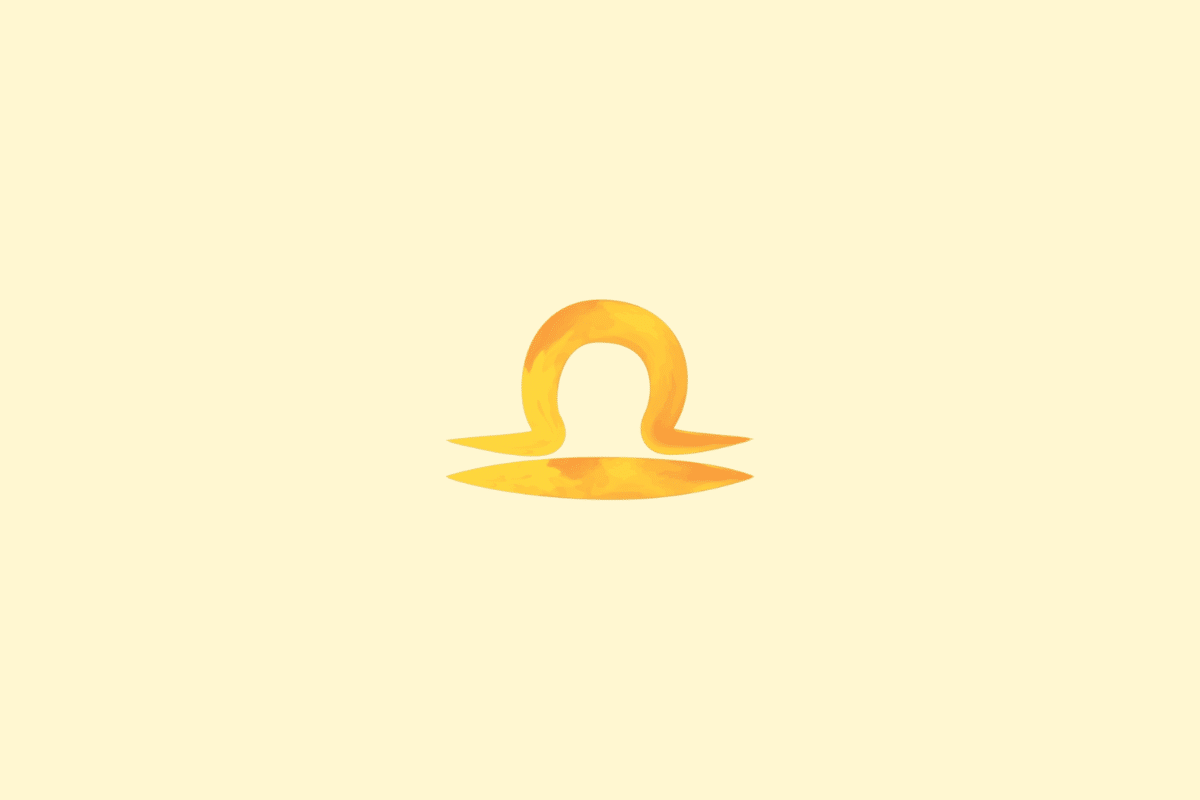 Símbolo de Libra formado por uma curva arqueada sobre uma linha horizontal, em amarelo e laranja. Fundo amarelo-claro.