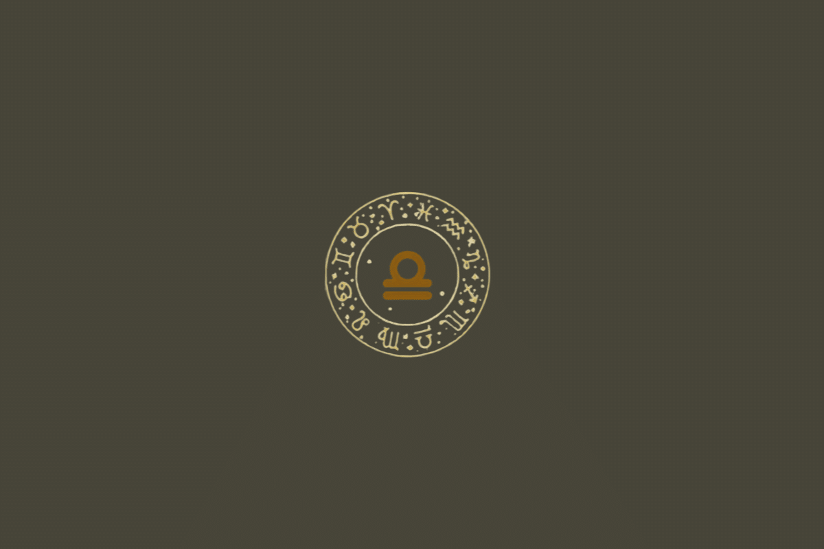 Fundo uniforme em cinza-escuro/oliva. A imagem apresenta um círculo zodiacal central, contornado por linhas finas em dourado-claro, com os símbolos dos demais signos ao redor. No centro está o símbolo de Libra, formado por uma curva superior semelhante a um arco e uma linha horizontal na parte inferior, em dourado-ocre.