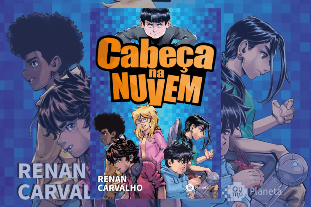 Capa de livro azul com ilustração de 6 personagens diferentes e com título e nome do autor escrito em amarelo, preto e branco
