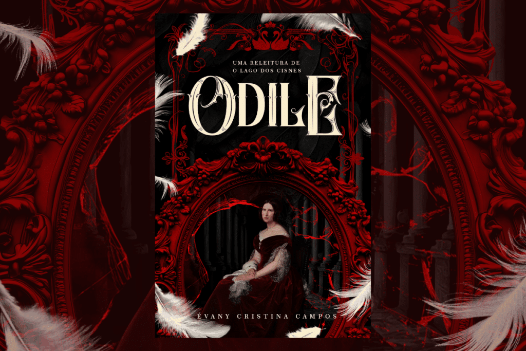 Capa de livro preta com o nome do autor e o título do livro escrito em bege com ornamentos e moldura vermelha com a ilustração de uma mulher dentro da moldura usando um vestido vinho