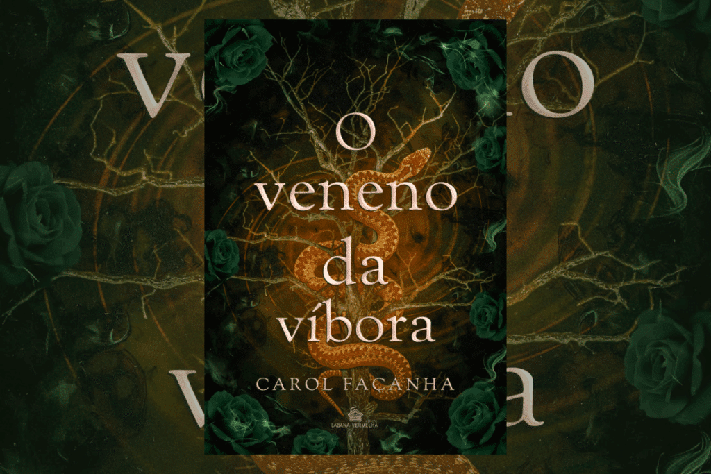 Capa de livro verde-escura com rosas verses no canto e ilustração de uma cobra laranja no centro e título e nome do autor em bege