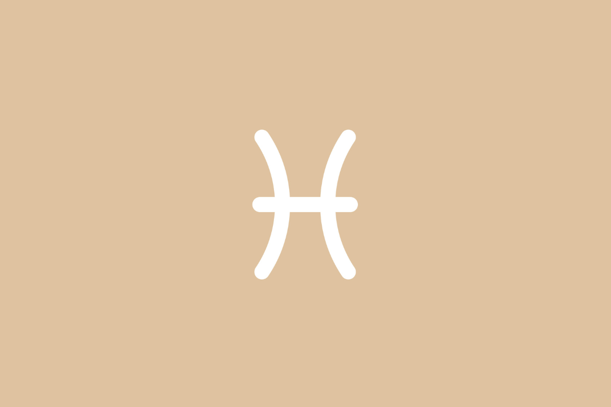 Ilustração minimalista do símbolo do signo de Peixes em linha branca contínua, formada por duas linhas verticais curvadas em sentidos opostos e unidas por um traço horizontal ao centro, centralizada sobre um fundo bege em tom pastel