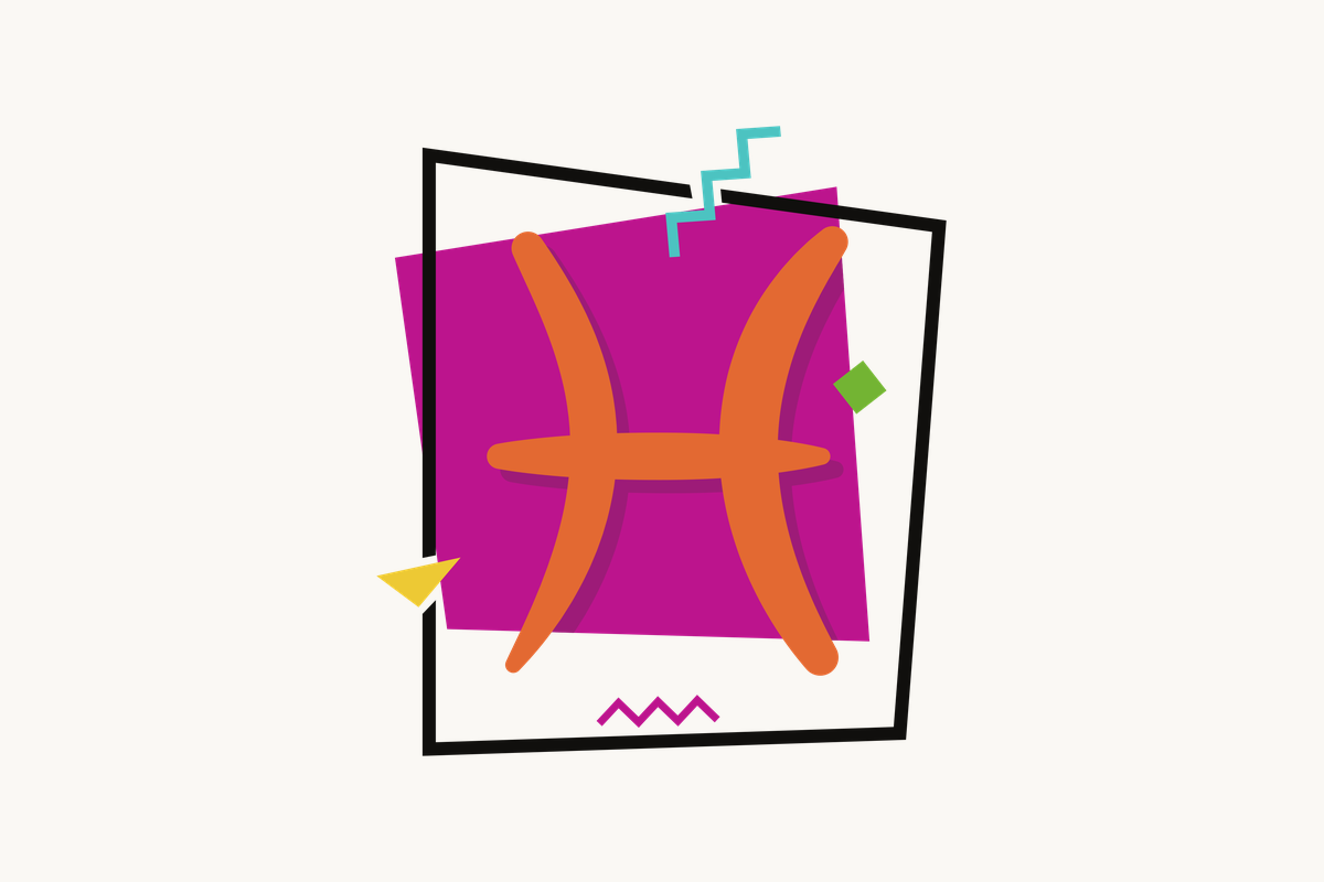 Ilustração do signo de Peixes, contendo o símbolo de duas curvas opostas unidas por uma linha horizontal, lembrando dois peixes, em laranja, centralizado sobre um quadrado magenta emoldurado em preto, com pequenos losangos e zigue-zagues coloridos ao redor, em fundo claro.