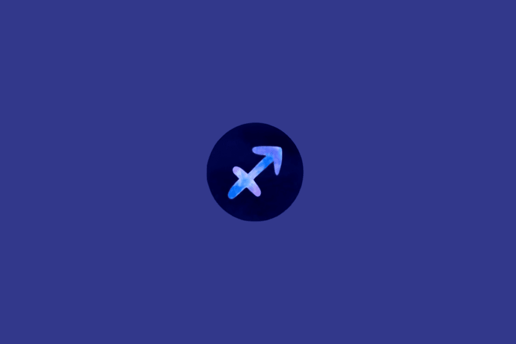 Símbolo do signo de Sagitário em tons de roxo e azul em círculo azul escuro, em fundo azul.