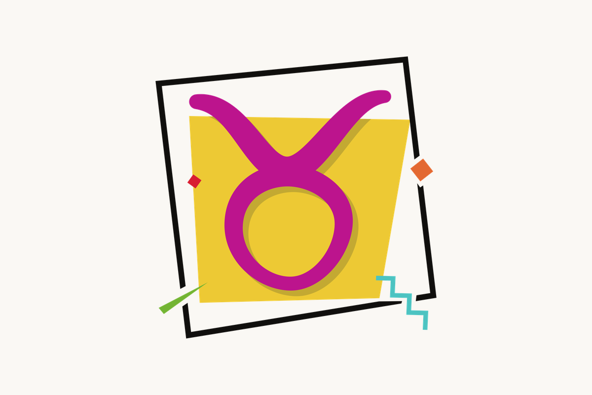 Ilustração do signo de Touro, contendo o símbolo de uma cabeça de touro estilizada (círculo com dois chifres arredondados) em rosa-magenta, centralizado sobre um quadrado amarelo emoldurado em preto, com pequenos losangos e zigue-zagues coloridos ao redor, em fundo claro.