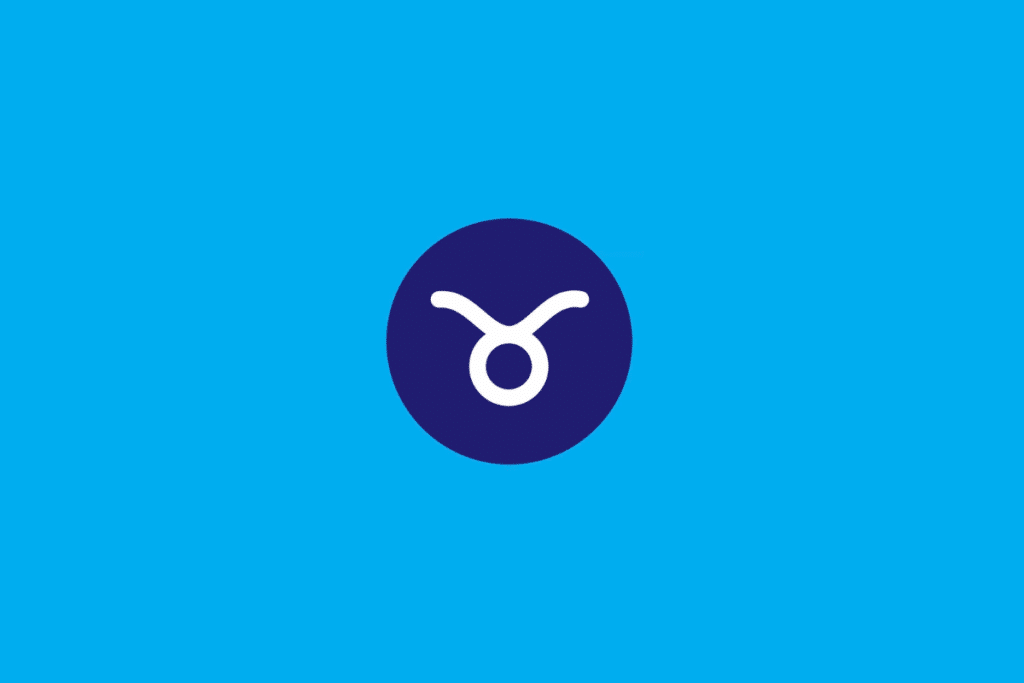 Ilustração com fundo azul-claro contendo um círculo azul-escuro ao centro. Dentro do círculo, há o símbolo do signo de Touro desenhado em branco, composto por um círculo com dois chifres curvados na parte superior
