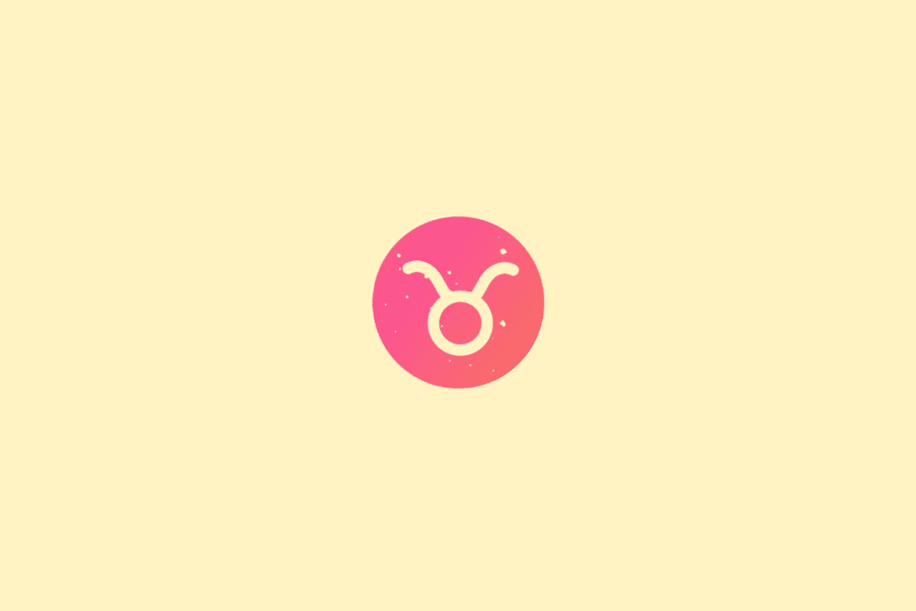 Ilustração minimalista do signo de Touro, representado pelo símbolo formado por um círculo com dois arcos superiores em tom creme. O desenho está dentro de um círculo em degradê de rosa e vermelho, com pequenos pontos decorativos e fundo amarelo-claro.