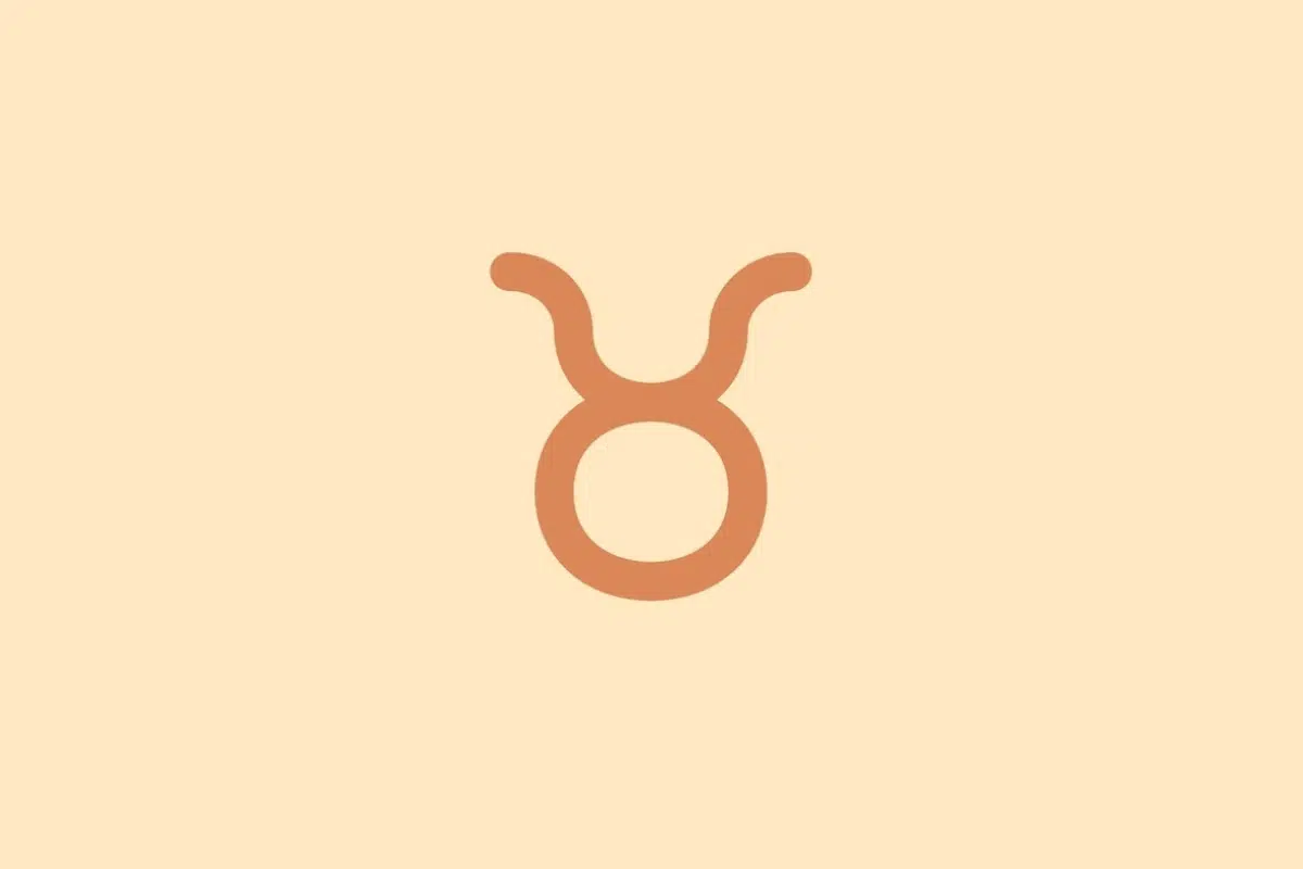 Símbolo minimalista do signo de Touro em tom terracota sobre fundo laranja