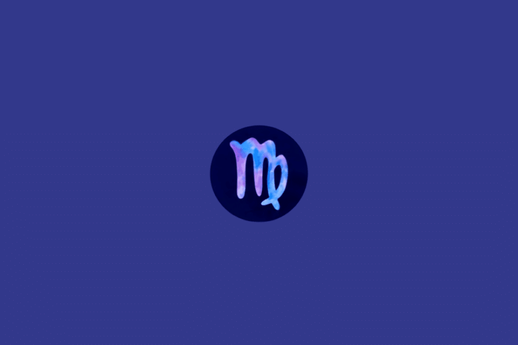 Símbolo do signo de Virgem em tons de roxo e azul em círculo azul escuro, em fundo azul.