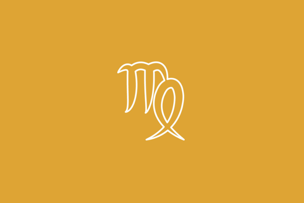 Símbolo do signo de Virgem desenhado em linhas brancas, centralizado sobre um fundo amarelo-ocre