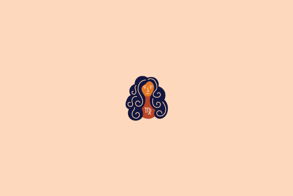 Ilustração de uma figura feminina estilizada, representando o signo de Virgem, em tons de azul e laranja sobre fundo pêssego.