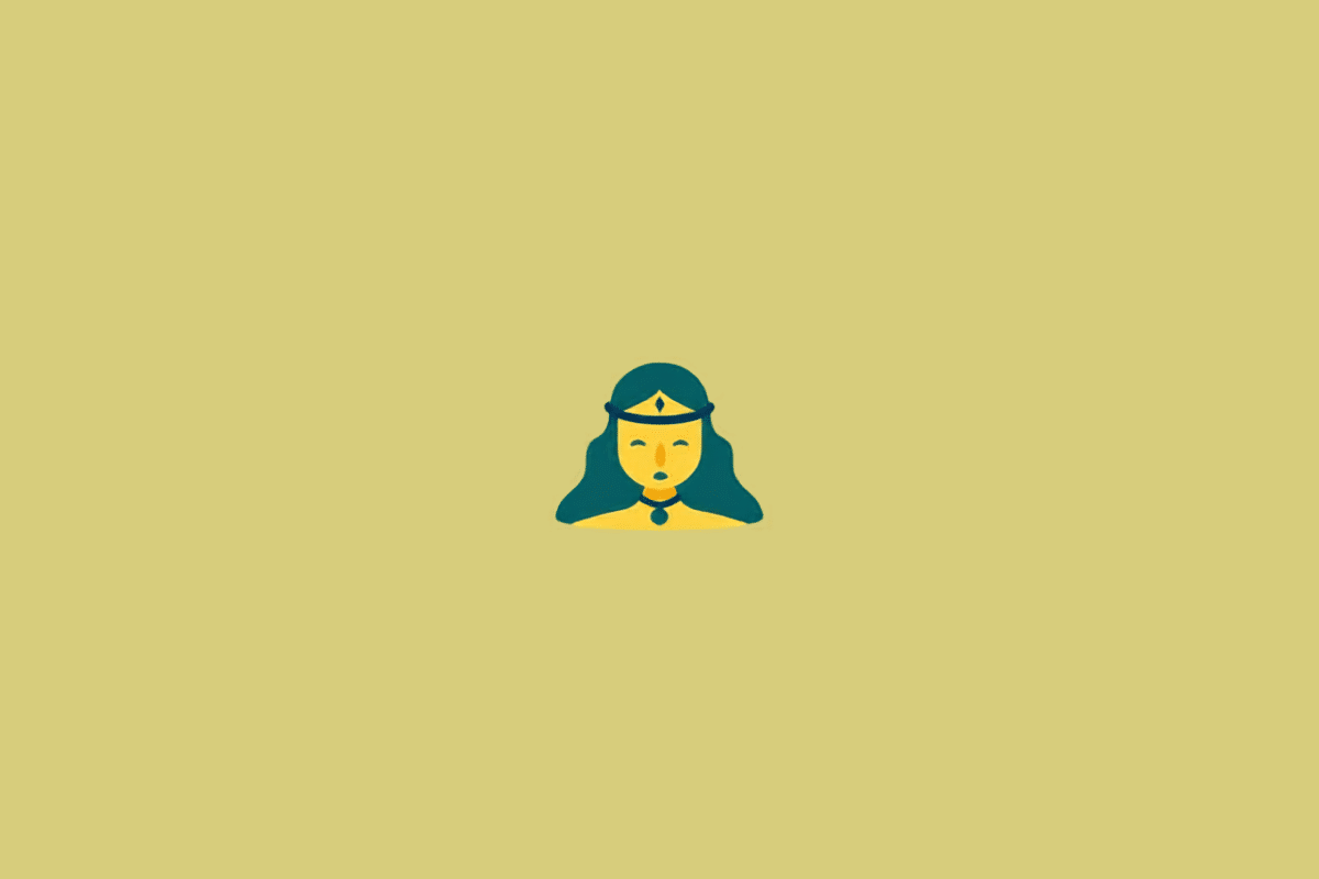 Figura feminina vista do busto para cima, com cabelos azuis, rosto amarelo e roupa azul e amarela. Ela usa uma faixa na cabeça com um pequeno detalhe amarelo. Em fundo verde-claro.