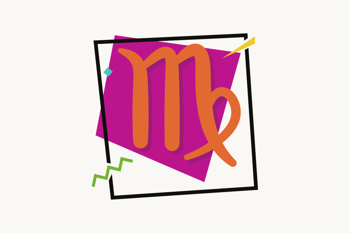 Ilustração do signo de Virgem, contendo o símbolo de um M estilizado com uma alça na ponta final, em laranja, centralizado sobre um quadrado magenta emoldurado em preto, com pequenos losangos e zigue-zagues coloridos ao redor, em fundo claro.