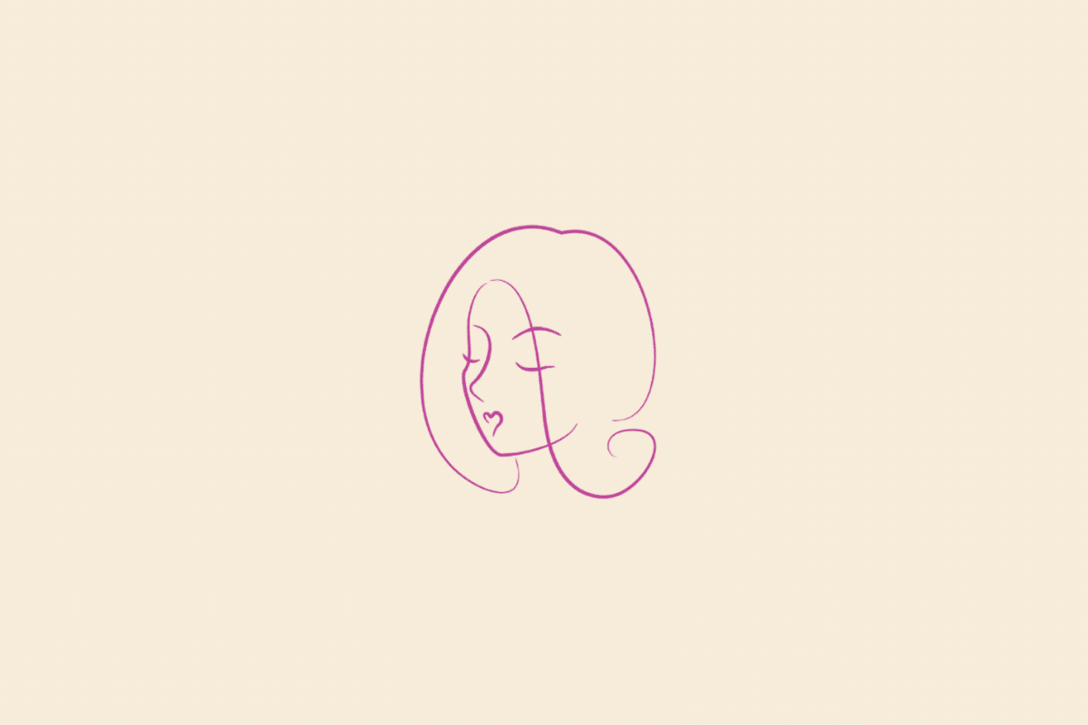 Ilustração minimalista de um perfil feminino com cabelos longos, em rosa, representando o signo de Virgem sobre fundo bege.