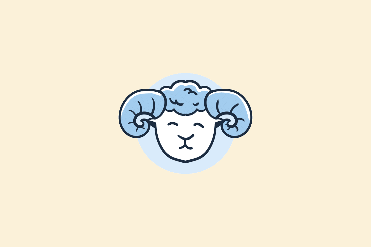 Ilustração do signo Áries: desenho em estilo de rabisco, com contorno azul-marinho, de um carneirinho sorridente de olhos fechados, com lã encaracolada e chifres azuis enrolados nas laterais, sobre um círculo azul-claro; em fundo amarelo-claro.