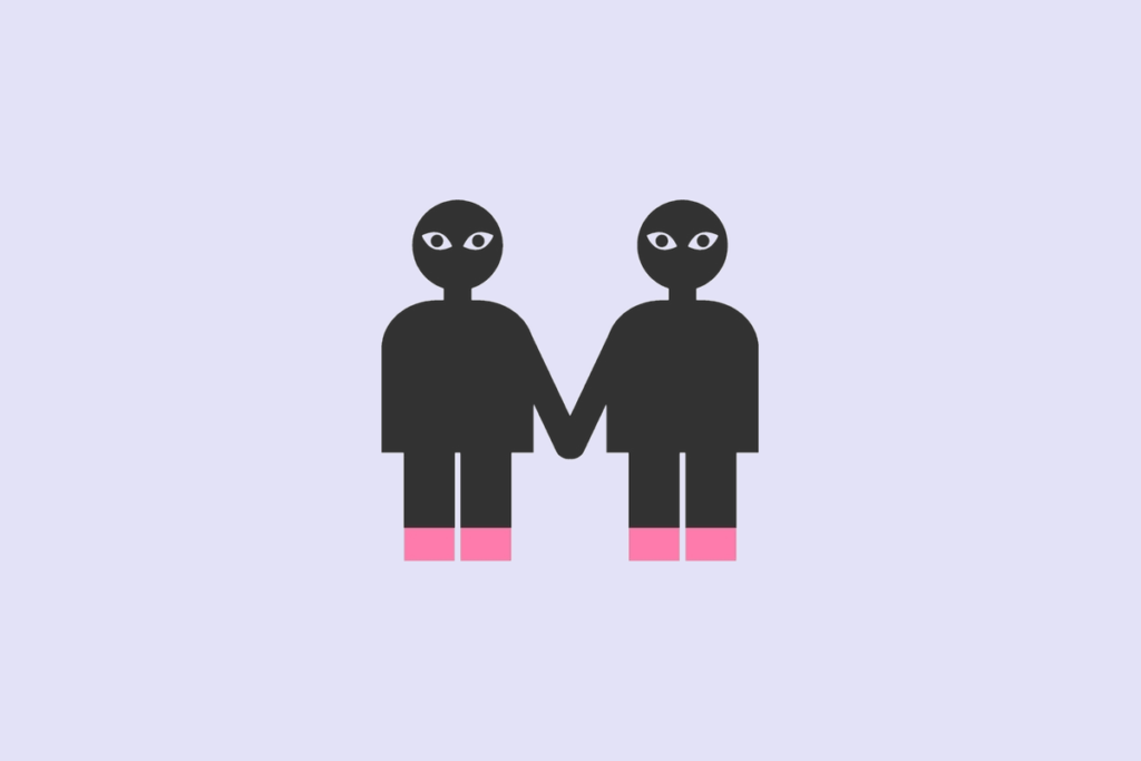 Ilustração do signo Gêmeos, contendo duas figuras humanas pretas e idênticas de mãos dadas, com pés rosa, em fundo lavanda.