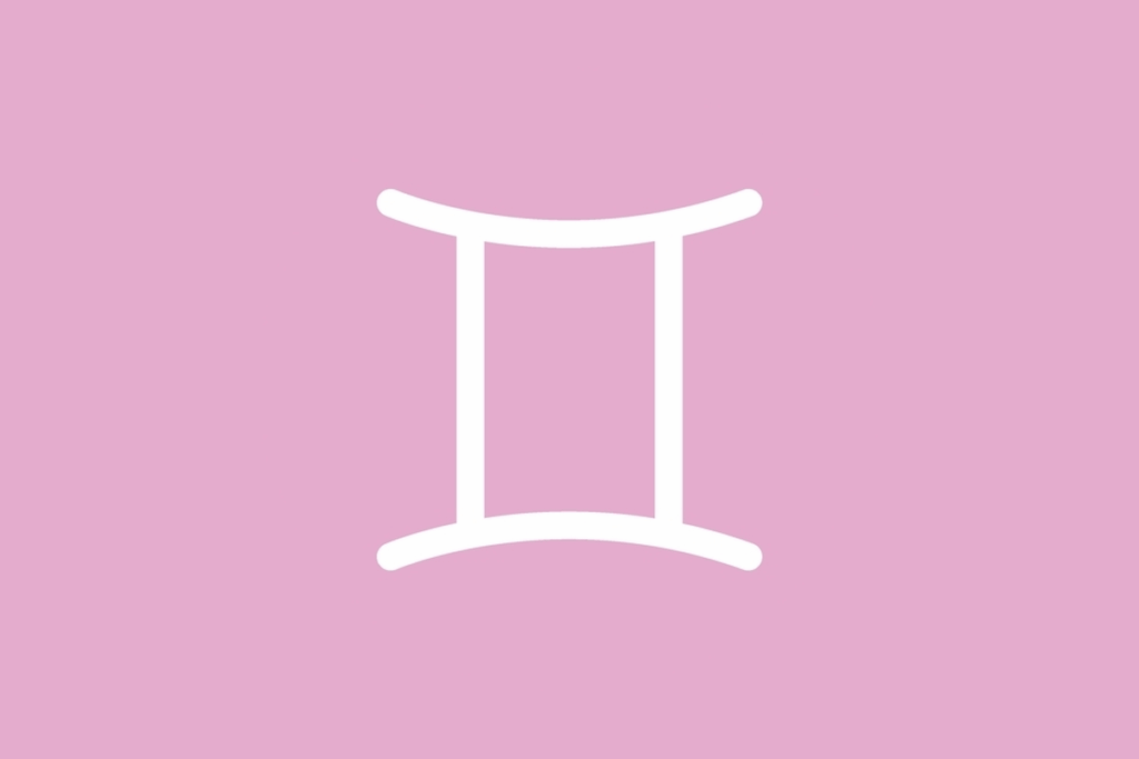 Ilustração do signo de Gêmeos, contendo um símbolo branco formado por duas linhas verticais paralelas unidas por traços curvos em cima e embaixo, semelhante ao número romano II, no meio, em fundo de cor rosa