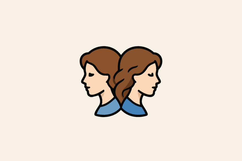 Ícone colorido de dois rostos femininos de perfil, de costas um para o outro, com cabelos castanhos, olhos fechados e roupas azuis, representando o signo de Gêmeos, sobre fundo bege-claro.