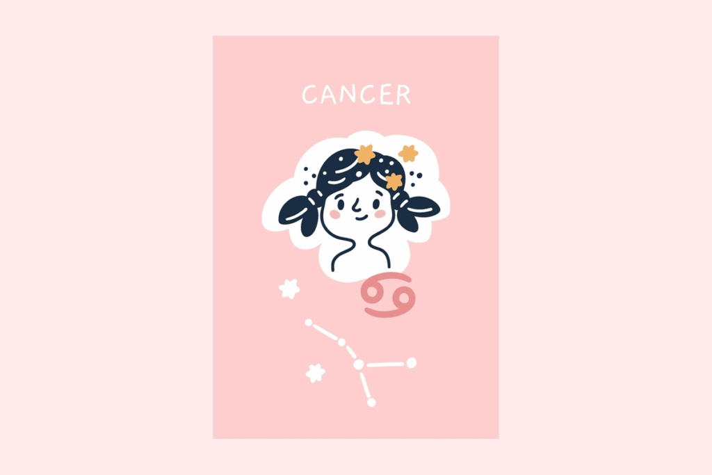 Ilustração do signo Câncer, contendo um cartão rosa com o nome CANCER escrito no topo, uma menina com os cabelos escuros e estrelados presos em duas mechas que lembram as pinças de um caranguejo, ao lado do símbolo rosa do signo e, abaixo, a constelação de Câncer desenhada em branco com pequenas estrelas, em fundo rosa bem claro.