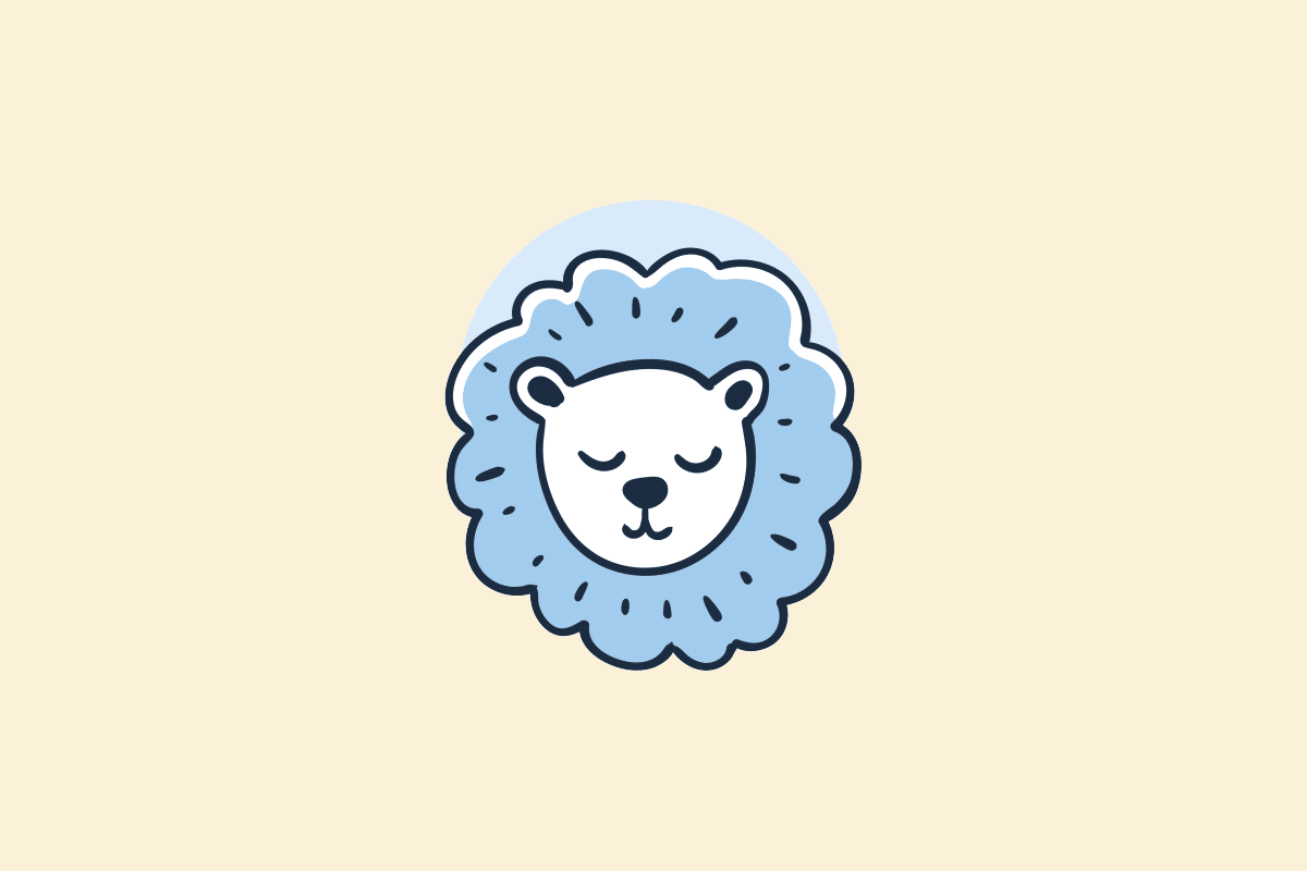 Ilustração do signo Leão: desenho em estilo de rabisco, com contorno azul-marinho, de um leãozinho de olhos fechados e rosto branco, cercado por uma juba azul arredondada e ondulada, sobre um círculo azul-claro; em fundo amarelo-claro.