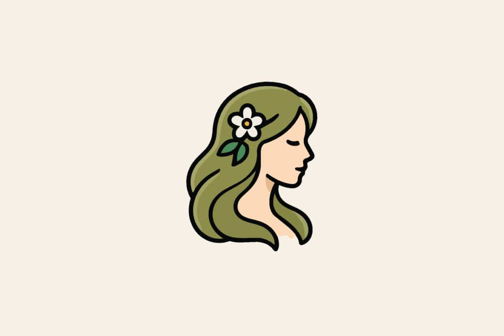 Ícone colorido de uma mulher de perfil, de olhos fechados, com longos cabelos verdes e uma flor branca no cabelo, representando o signo de Virgem, sobre fundo bege-claro.
