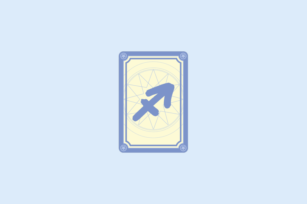 Ilustração do signo Sagitário: carta com moldura azul-lavanda, cantos decorados com estrelinhas e fundo creme com uma mandala de estrela em linhas finas; no centro, o símbolo de Sagitário em azul-lavanda, uma flecha diagonal apontando para cima e para a direita, cortada por um traço curto perpendicular perto da base; em fundo azul-claro.
