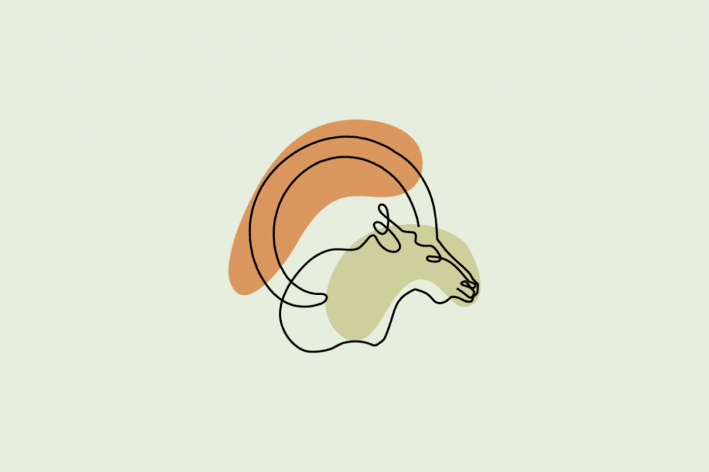 Ilustração do signo Capricórnio: desenho em traço contínuo preto de uma cabeça de cabra de perfil, voltada para a direita, com um grande chifre curvado em arco para trás, sobre manchas orgânicas em laranja e verde; em fundo verde-sálvia.