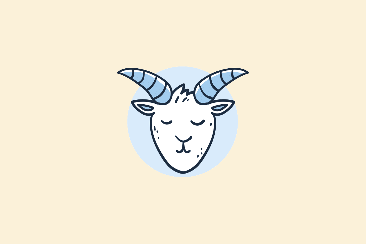 Ilustração do signo Capricórnio: desenho em estilo de rabisco, com contorno azul-marinho, da cabeça de uma cabra de olhos fechados vista de frente, com chifres listrados de azul abertos para os lados, sobre um círculo azul-claro; em fundo amarelo-claro.