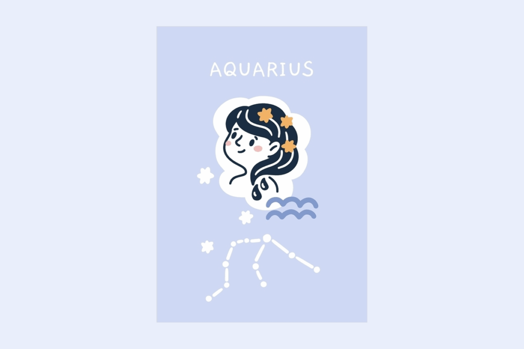 Ilustração do signo Aquário, contendo um cartão azul com o nome AQUARIUS escrito no topo, uma menina de cabelos longos e ondulados, escuros e estrelados, de onde pingam gotas de água, ao lado do símbolo azul do signo e, abaixo, a constelação de Aquário desenhada em branco com pequenas estrelas, em fundo azul bem claro.