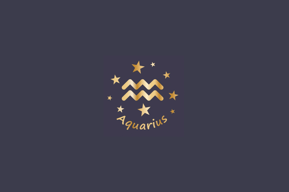 Ilustração do signo de Aquário, em fundo cinza, contendo o símbolo do signo em dourado, formado por duas linhas onduladas paralelas, cercado por estrelas e com o nome "Aquarius" abaixo