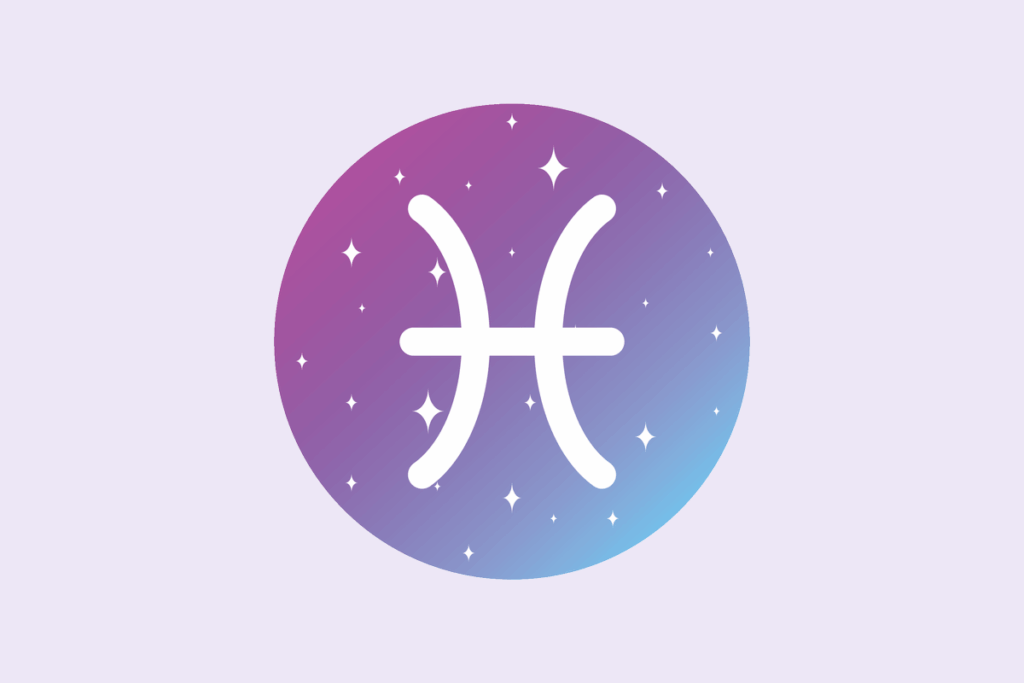 Ilustração do signo Peixes: círculo em degradê de roxo para azul, com pequenas estrelas brancas, e no centro o símbolo branco de Peixes, dois arcos curvos voltados de costas um para o outro, ligados por uma linha horizontal no meio, representando dois peixes unidos; em fundo lavanda.