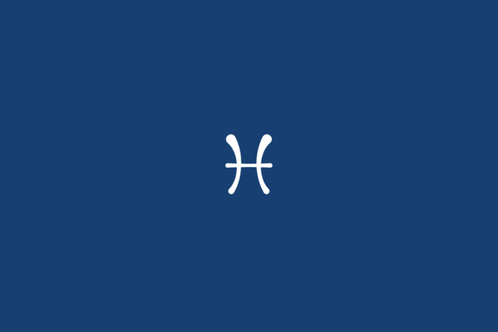 Símbolo do signo de Peixes, em branco, formado por duas curvas opostas, com as extremidades voltadas para dentro e conectadas por uma linha horizontal central. O fundo é azul-marinho uniforme.