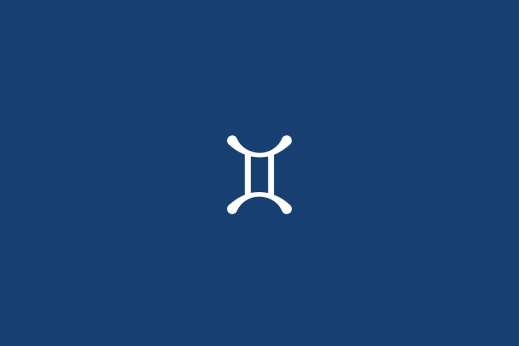 Símbolo do signo de Gêmeos, em branco, formado por duas linhas verticais paralelas, unidas por traços curvos nas extremidades superior e inferior. O fundo é azul-marinho uniforme.