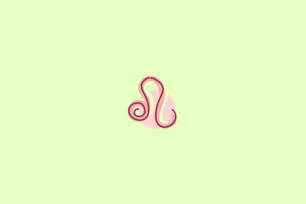 Símbolo do signo de Leão, em vinho escuro com contorno rosa, sobre uma forma rosa-clara. O desenho combina uma curva circular na parte inferior esquerda com uma linha alongada que sobe e termina em uma volta. O fundo é verde-claro pastel uniforme.